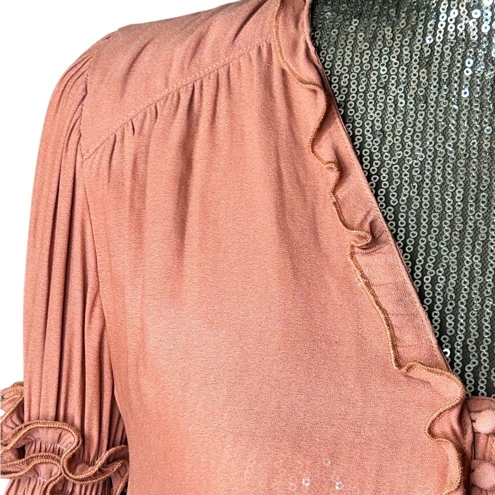 Free People Blouse Ruffle Button Sleeve Size X-Small Blousey Semi Sheer - Picture 2 of 6